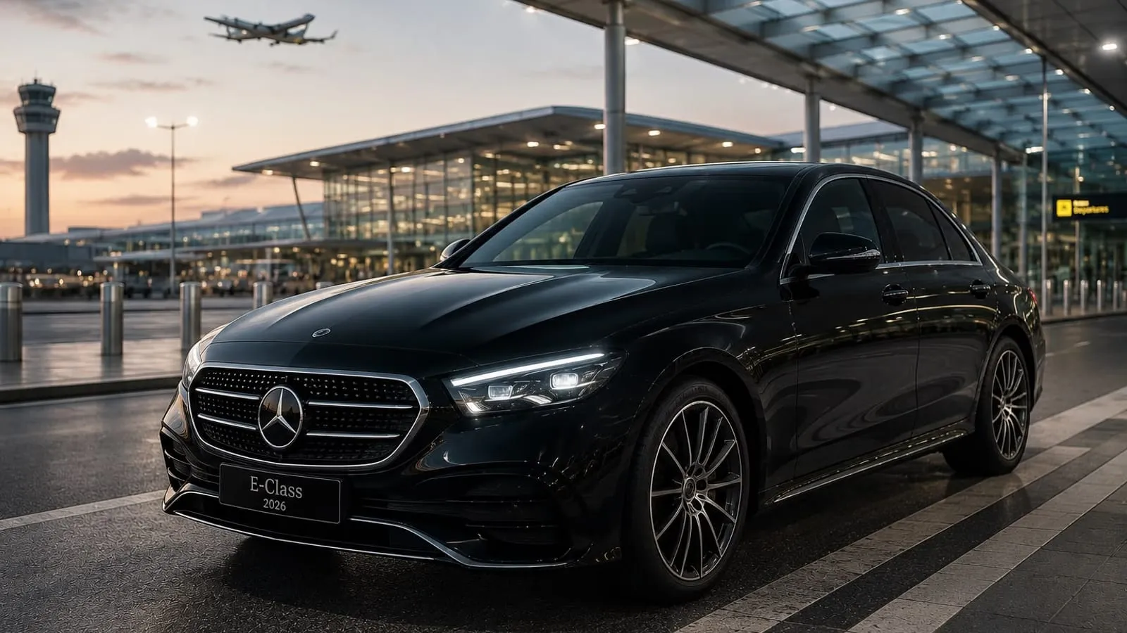 Chauffeur wartet mit einer Mercedes E-Klasse an der Abholzone des Flughafentransfers